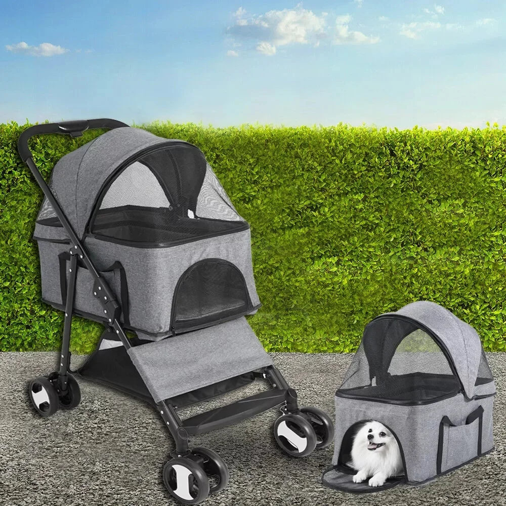 Foldable Pet Dog Stroller Carrier With 4 Wheels Rain Cover