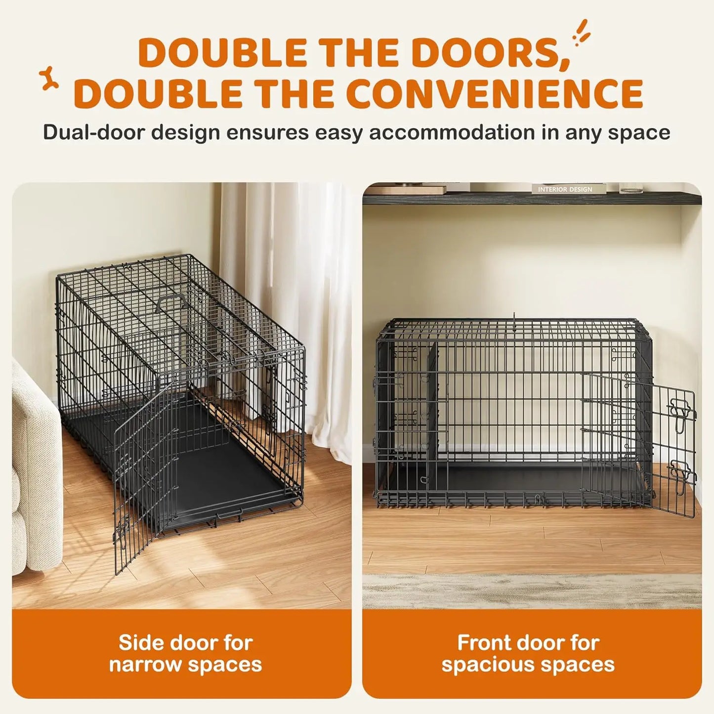 Double Door Dog Crate With Divider Collapsible Metal Kennel