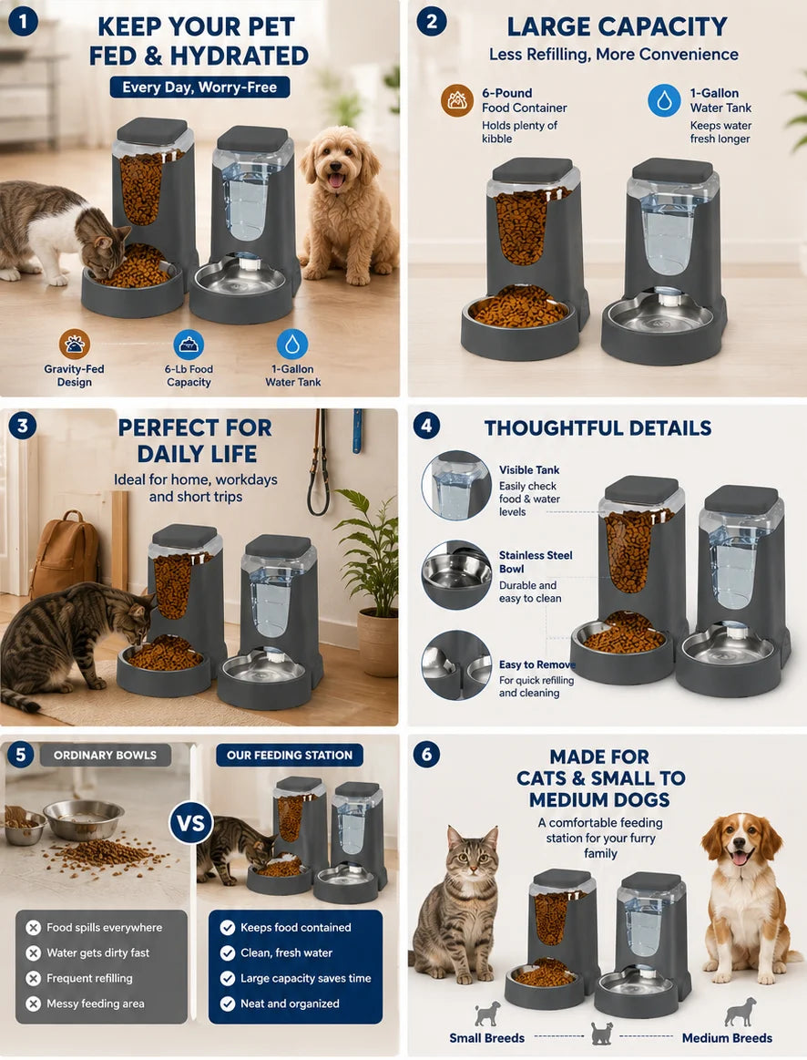 Automatic Pet Feeder and Water Dispenser Station with Stainless Bowl