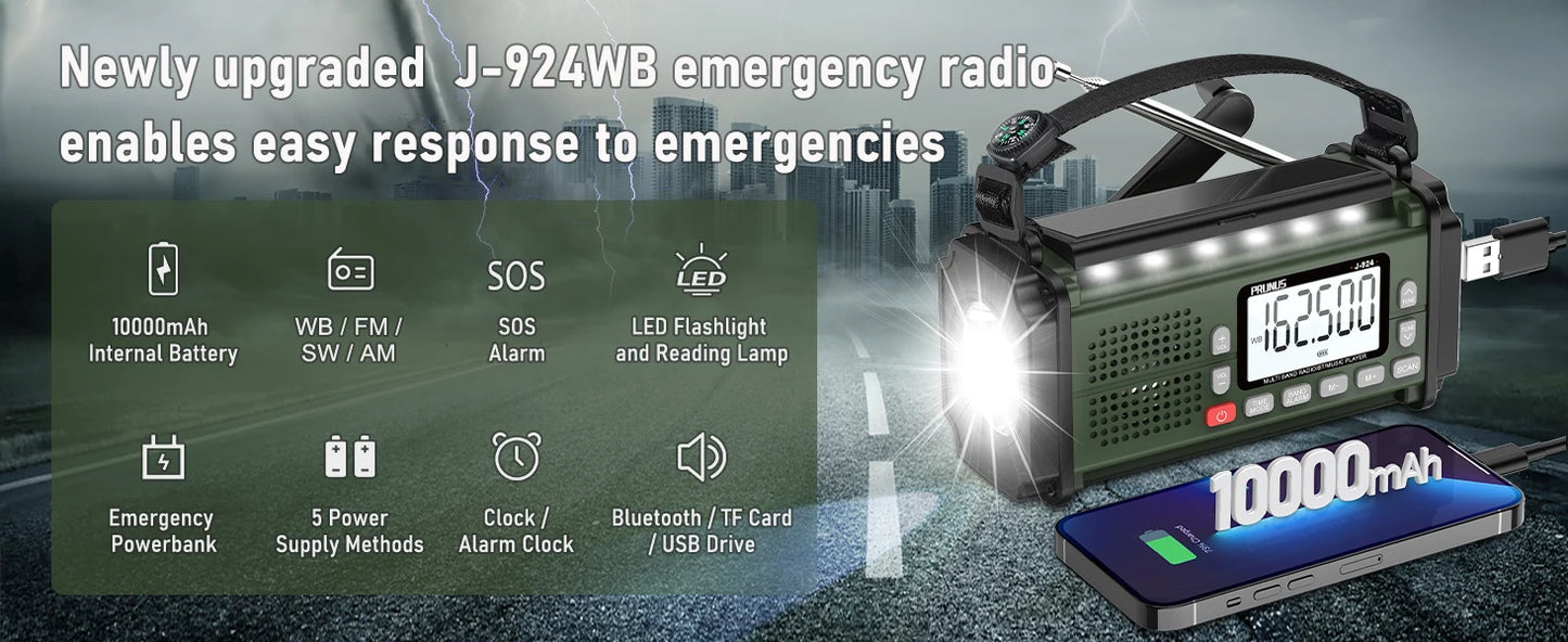 PRUNUS 924 Hand Crank Radio 10000mAh Solar NOAA AM FM SW Power Bank