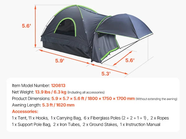 SucceBuy Pickup Truck Tent for Camping Waterproof PU2000 With Awning