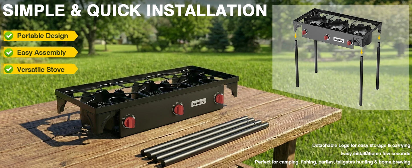 3 Burner Propane Camping Stove With Adjustable Regulator