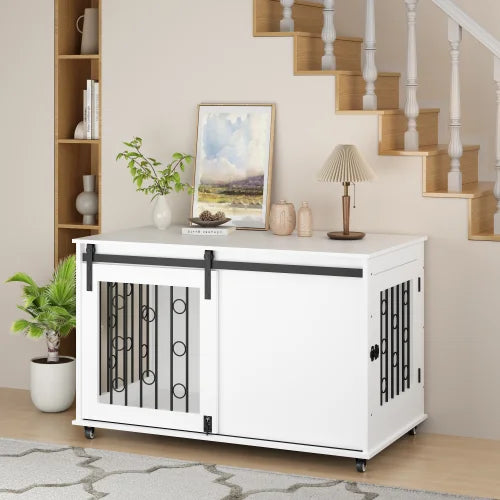 Modern Wooden Indoor Dog Crate End Table With Barn Door