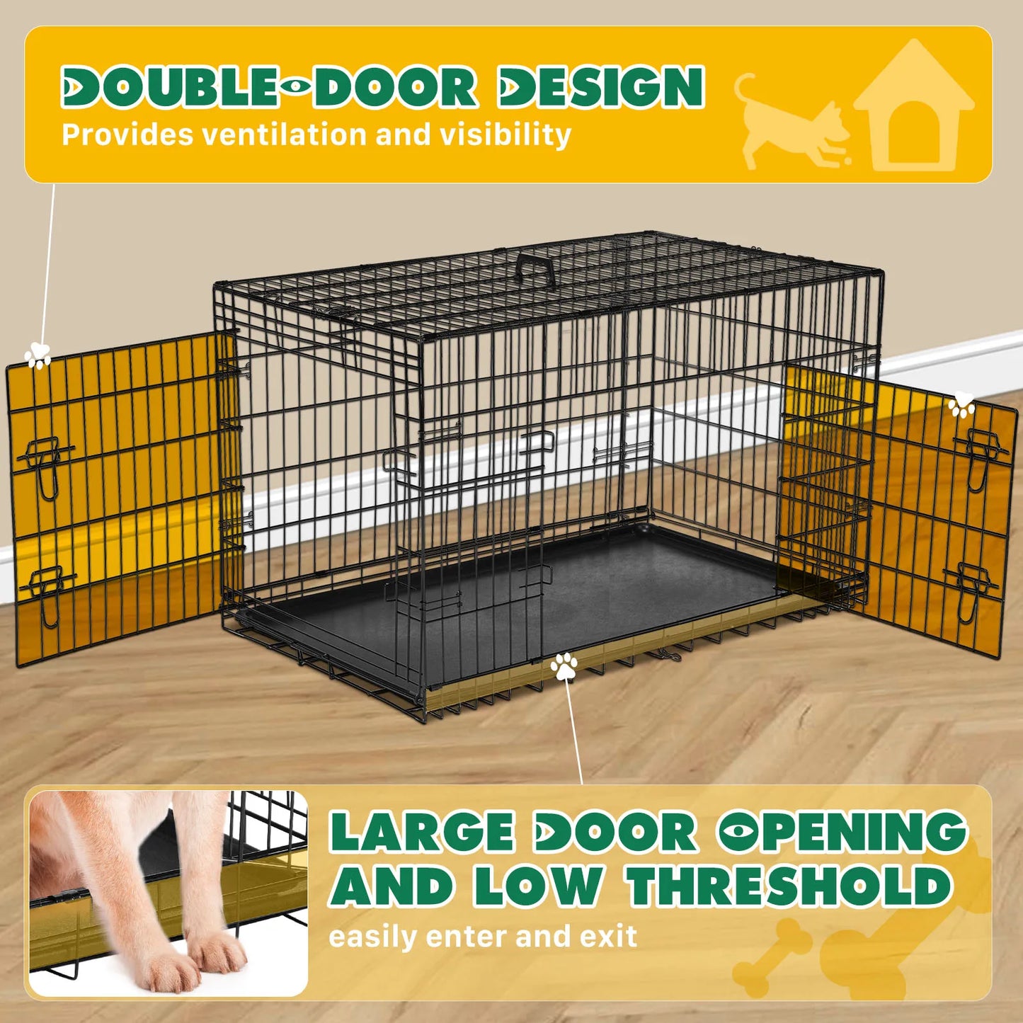 JHK Folding Metal Dog Cage With Leak Proof Pan Tray