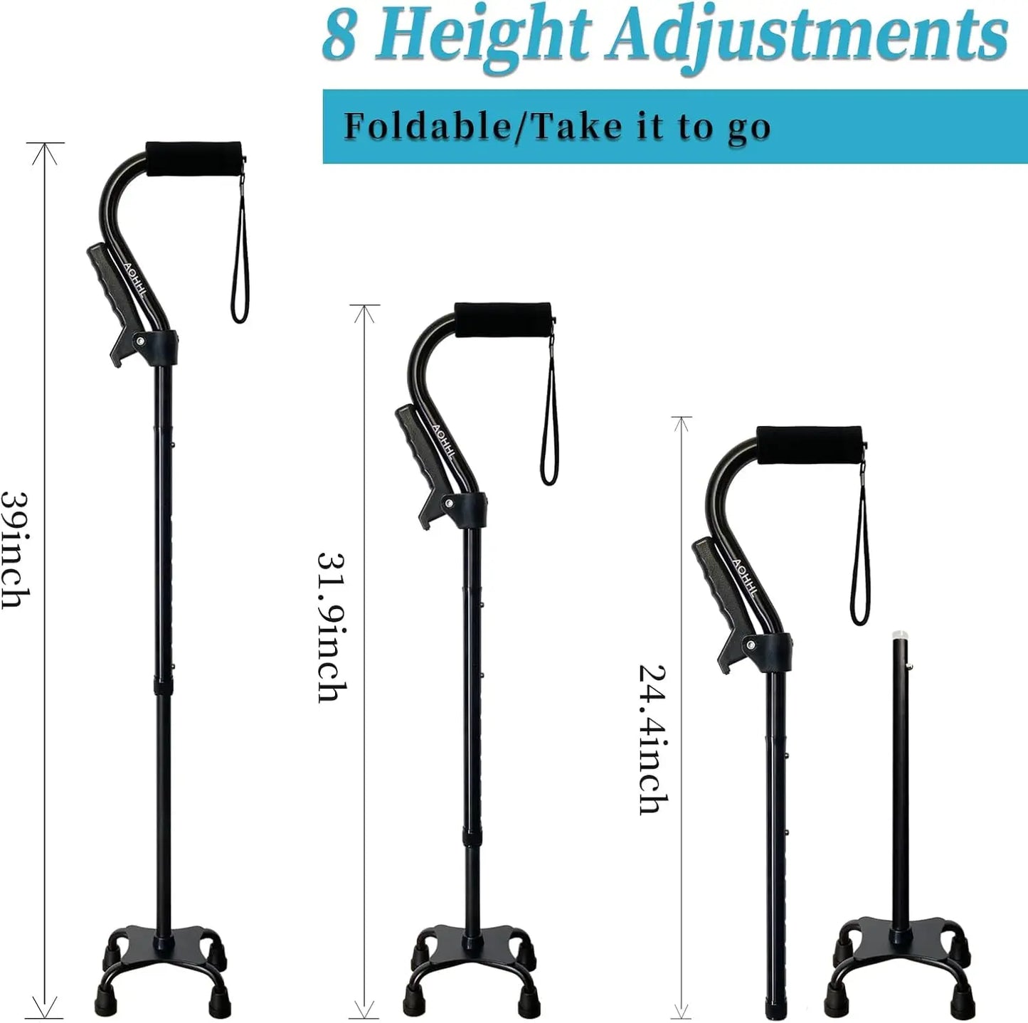 Quad Foldable Walking Cane With 4 Prong Base Adjustable Lightweight