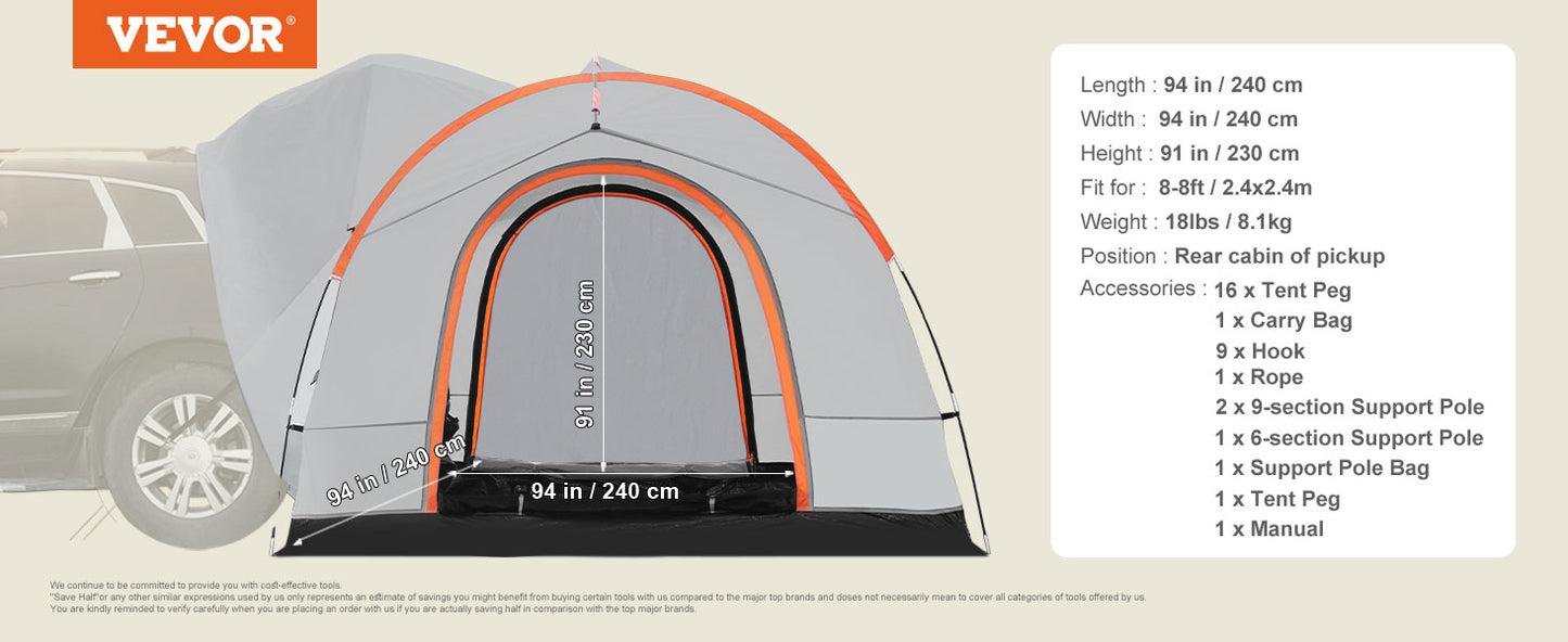 VEVOR SUV Camping Tent8'-8'SUV Tent Attachment for Camping PU2000mm Double Layer Truck Tent Rear Tent for Van Hatch Tailgate