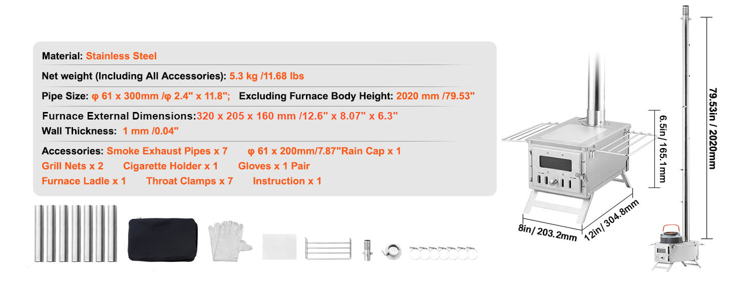 SucceBuy Wood Stove 80 in Stainless Steel Camping Tent Stove Portable Burning Stove with Chimney Pipes & Gloves 700in³Firebox
