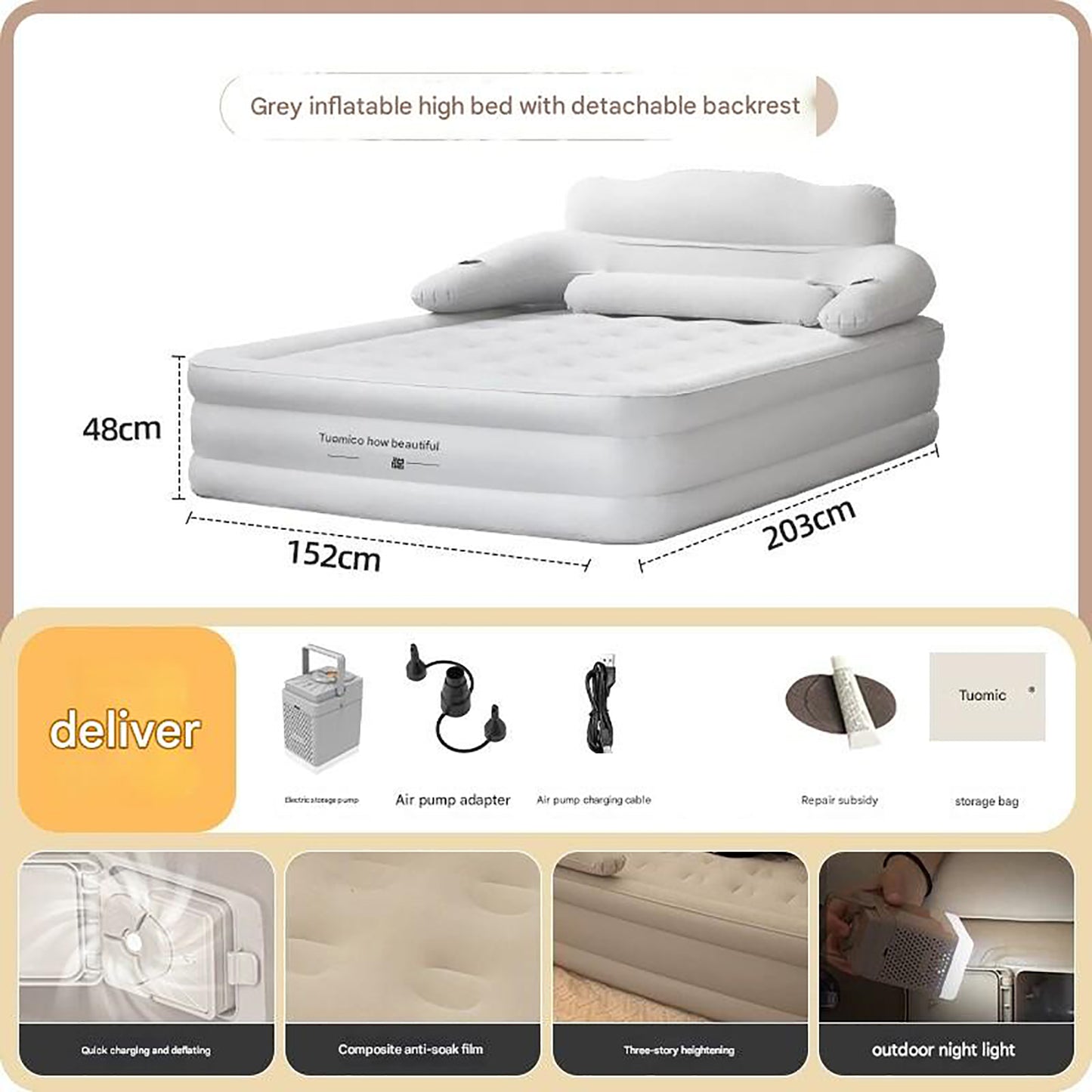 Inflatable Camping Mattress For Two With Durable Flocking Fabric