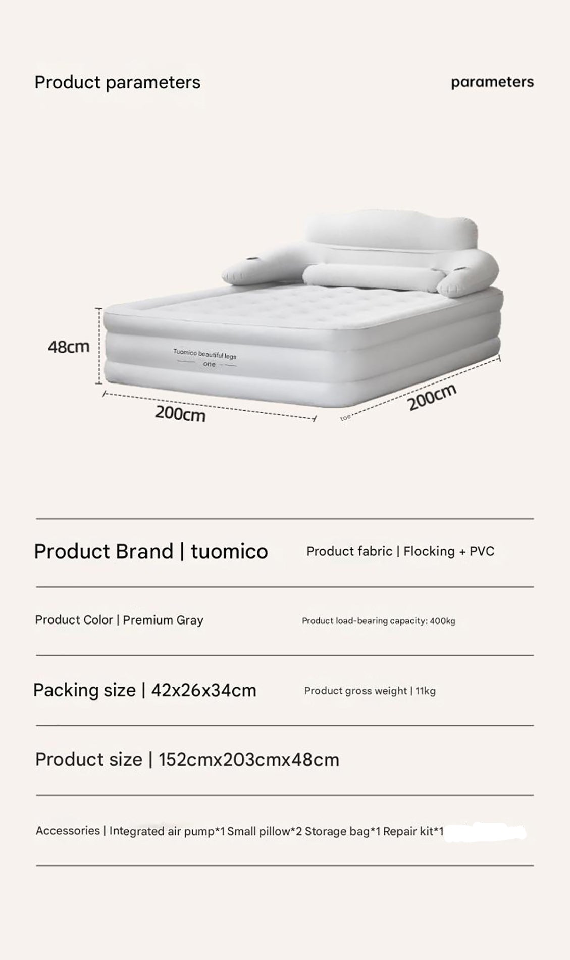 Inflatable Camping Mattress For Two With Durable Flocking Fabric