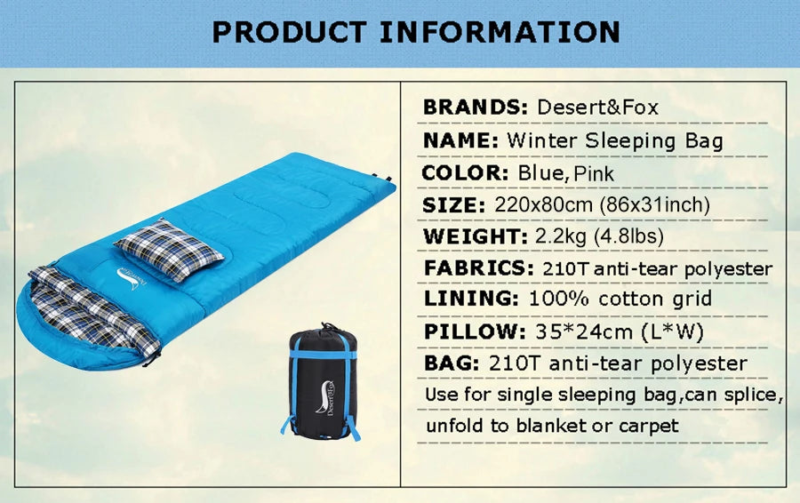 Desert Fox Soft Flannel Sleeping Bag Pillow Warm Winter Camping