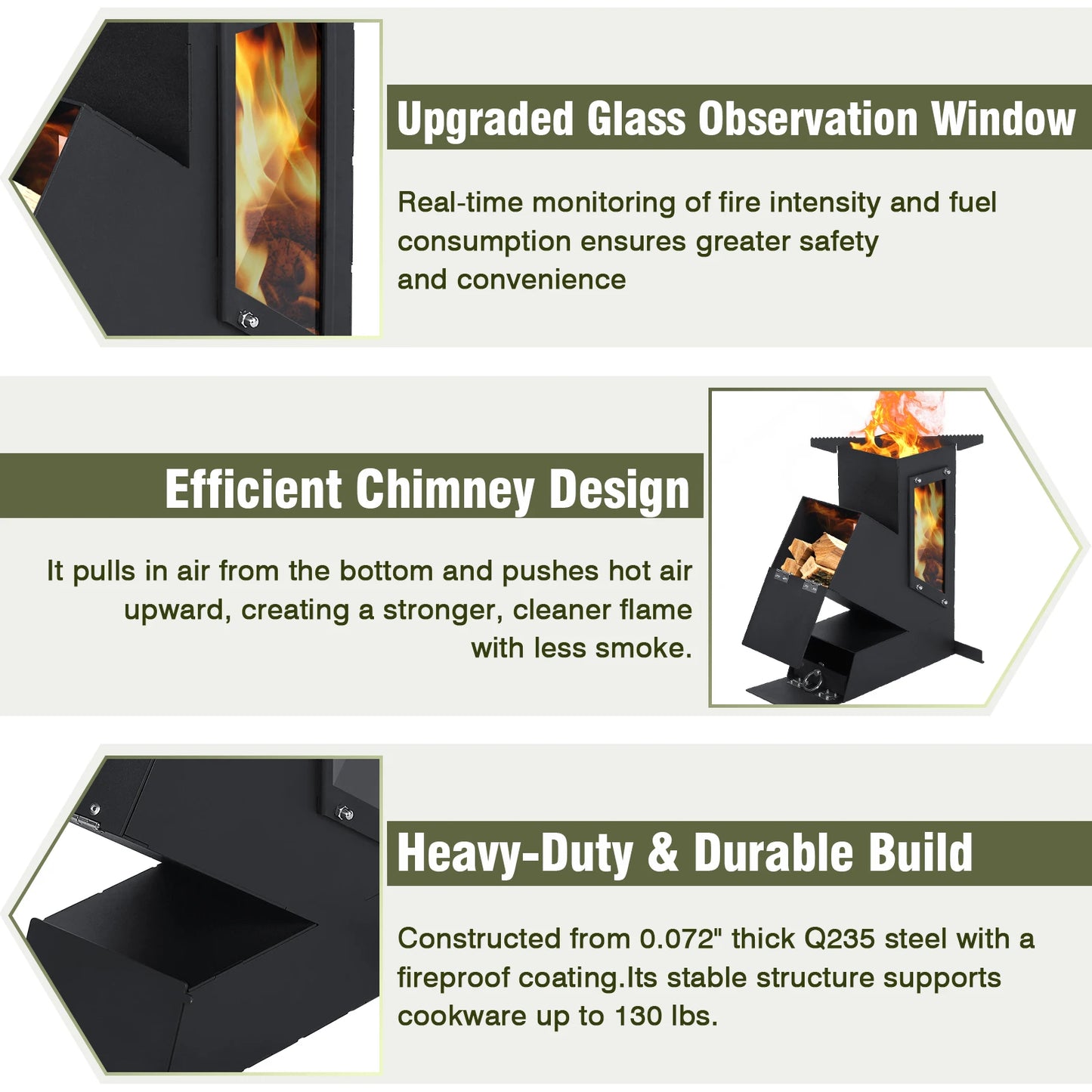 Portable Rocket Stove Glass Door Wood Burning Camp Grill