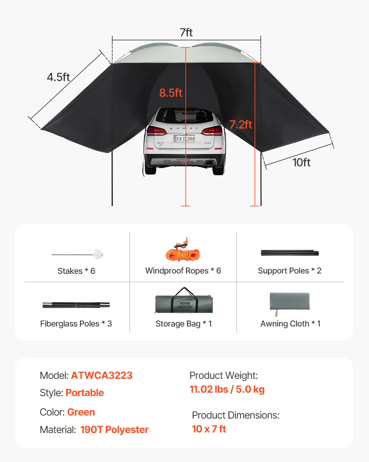 SucceBuy Vehicle Awning Retractable Car Side Shelter Waterproof Storage Bag