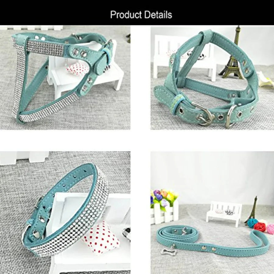 Dog Collar Harness And Leash Set Diamante Fashion Soft Comfort