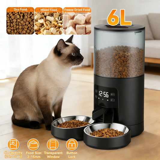 JHK 6L Timed Automatic Cat Feeder With Dual Stainless Bowls
