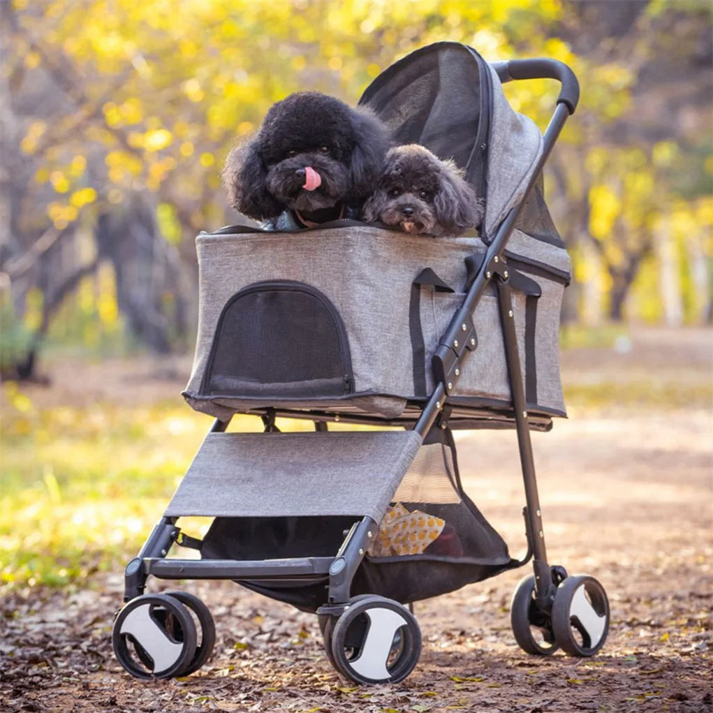 Foldable Pet Dog Stroller Carrier With 4 Wheels Rain Cover