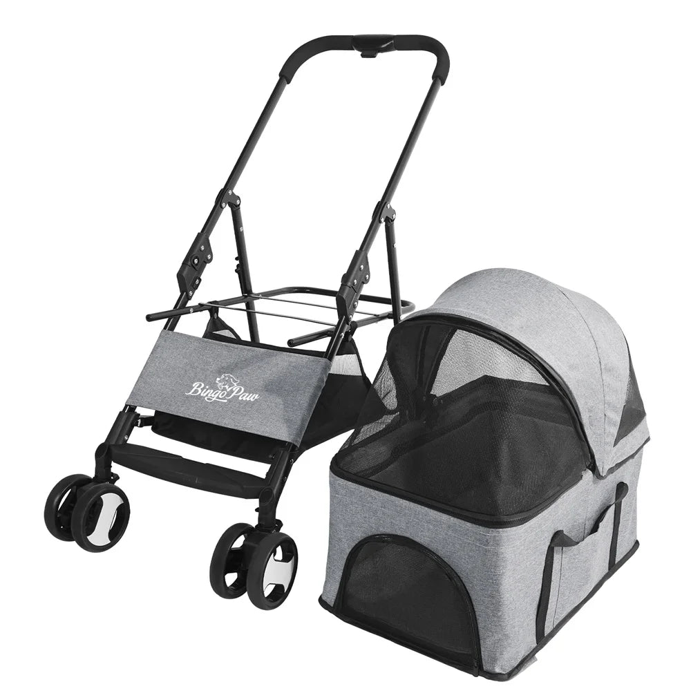 Foldable Pet Dog Stroller Carrier With 4 Wheels Rain Cover