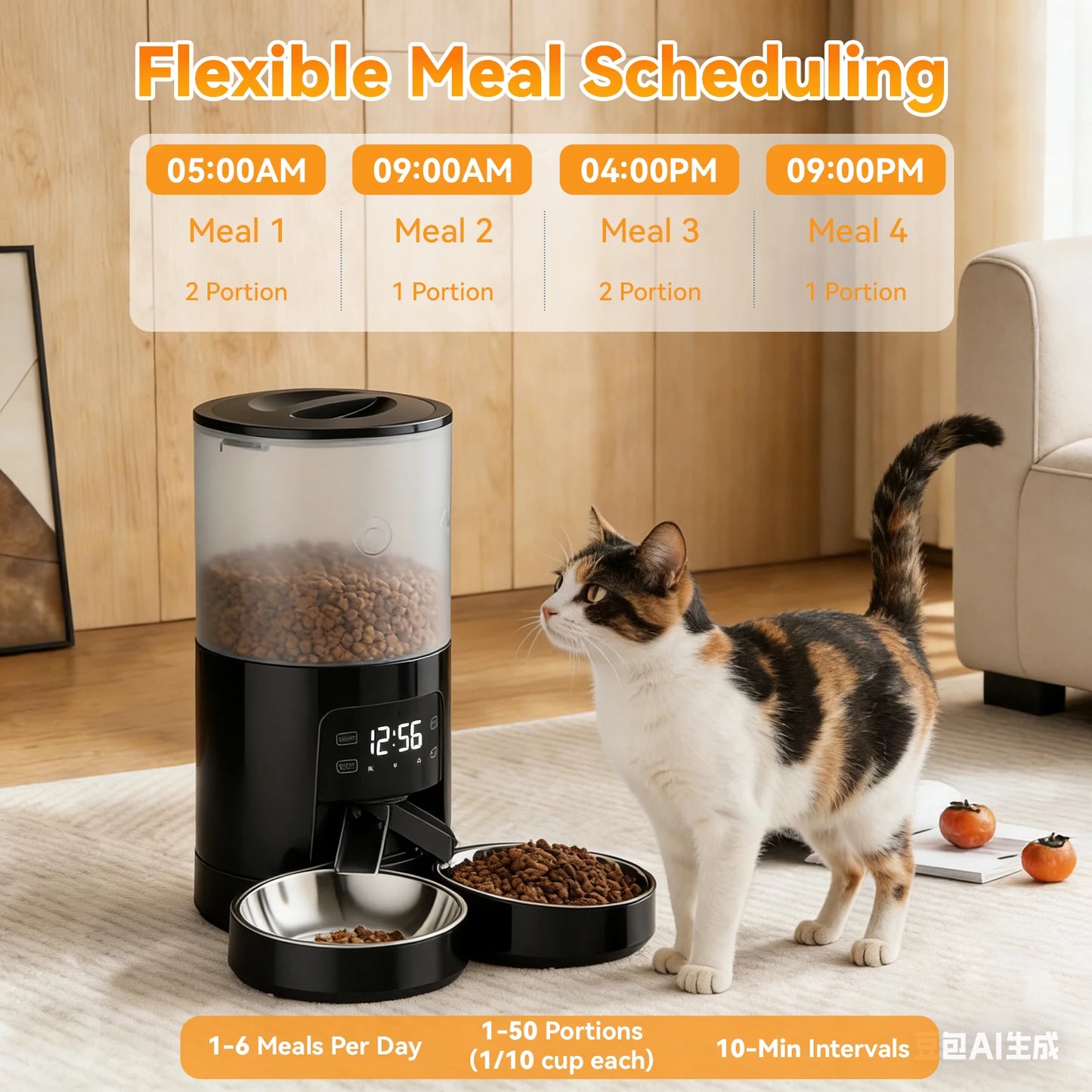 JHK 6L Timed Automatic Cat Feeder With Dual Stainless Bowls