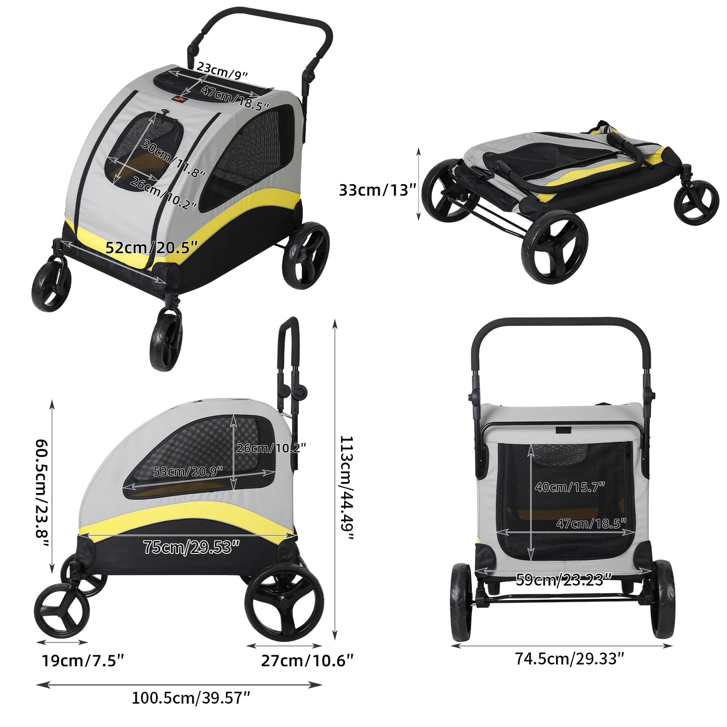 BINGOPAW Large Dog Stroller 4 Wheel Pet Carrier Folding For Two