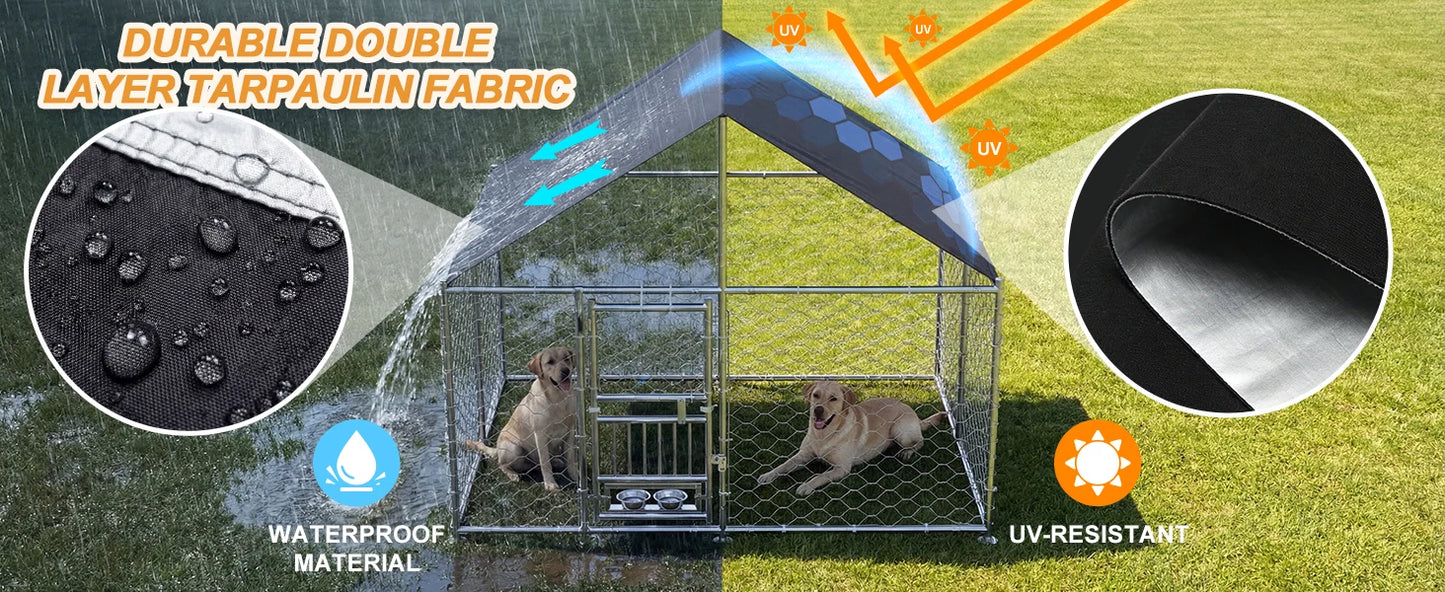 Outdoor Dog Kennel With Rotating Feeder Heavy Duty Roofed