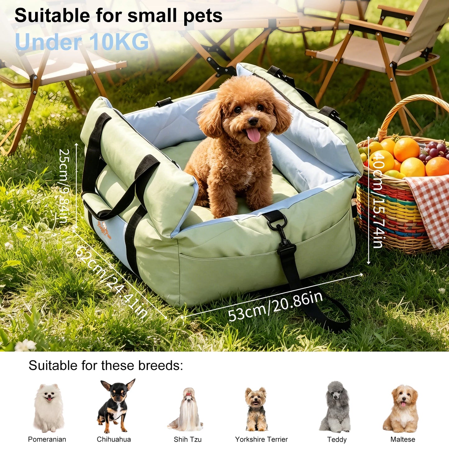 Portable Dog Car Seat Pet Dog Booster Seat Puppy Travel Carrier Bed with Safety Belt Storage Pocket Removable Washable Cover