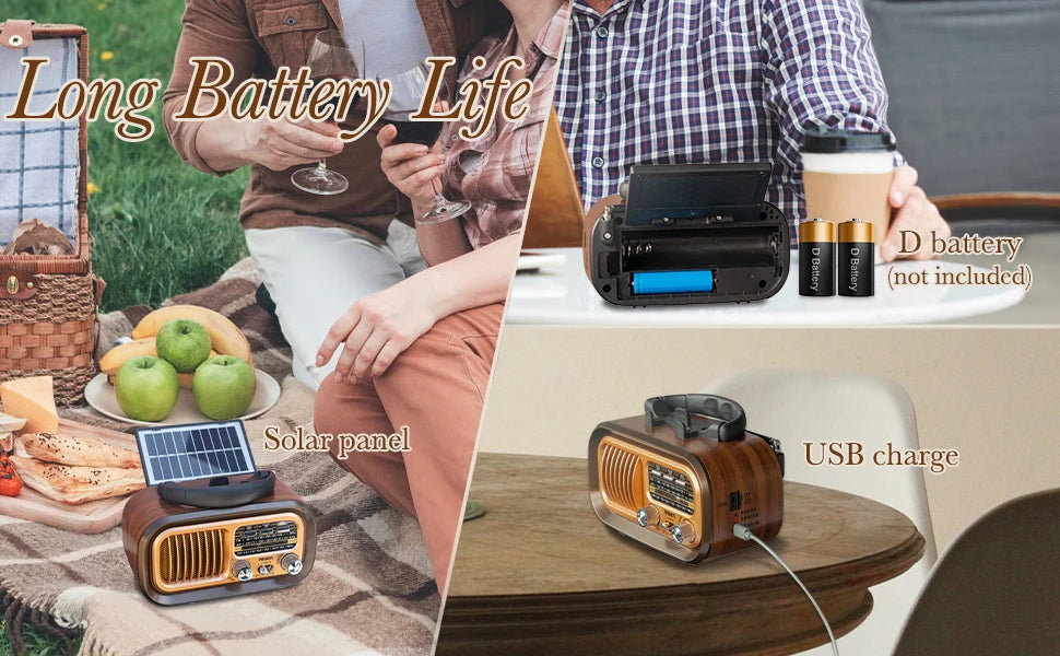 PRUNUS J-150 Retro Bluetooth Radio AM FM Portable Solar Battery