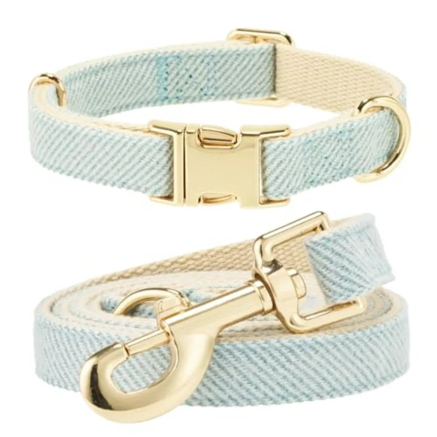 Soft Cotton Tweed Dog Collar And Leash Set Gold Buckle