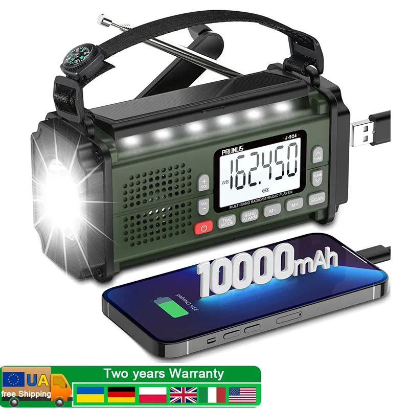 PRUNUS 924 Hand Crank Radio 10000mAh Solar NOAA AM FM SW Power Bank