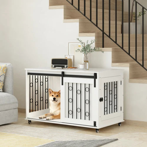 Modern Wooden Indoor Dog Crate End Table With Barn Door