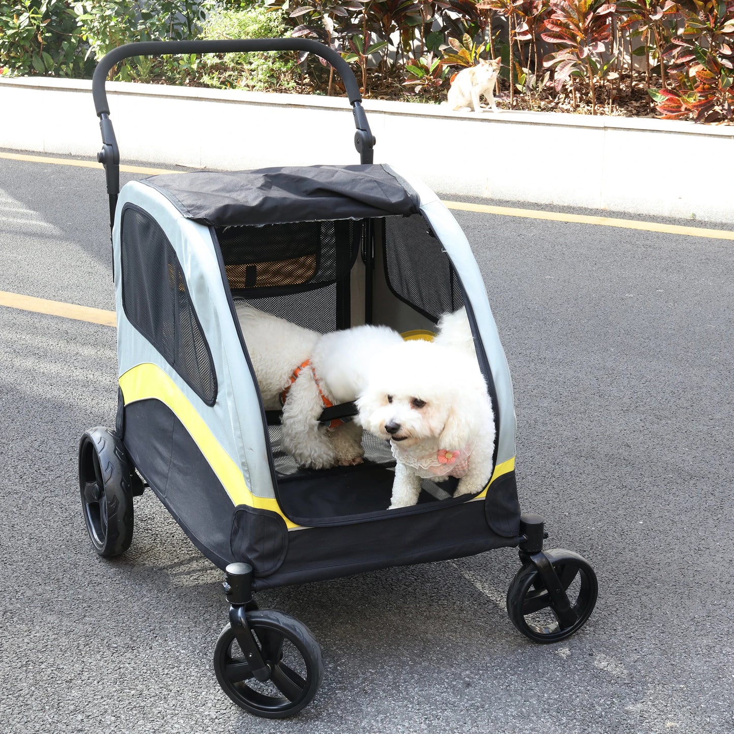 Dog Stroller For Two With Zipper Divider And Folding Wheels