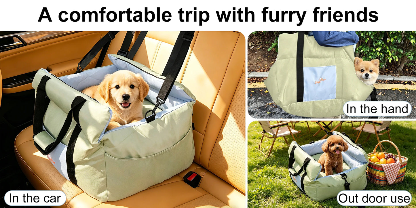 Portable Dog Car Seat Pet Dog Booster Seat Puppy Travel Carrier Bed with Safety Belt Storage Pocket Removable Washable Cover