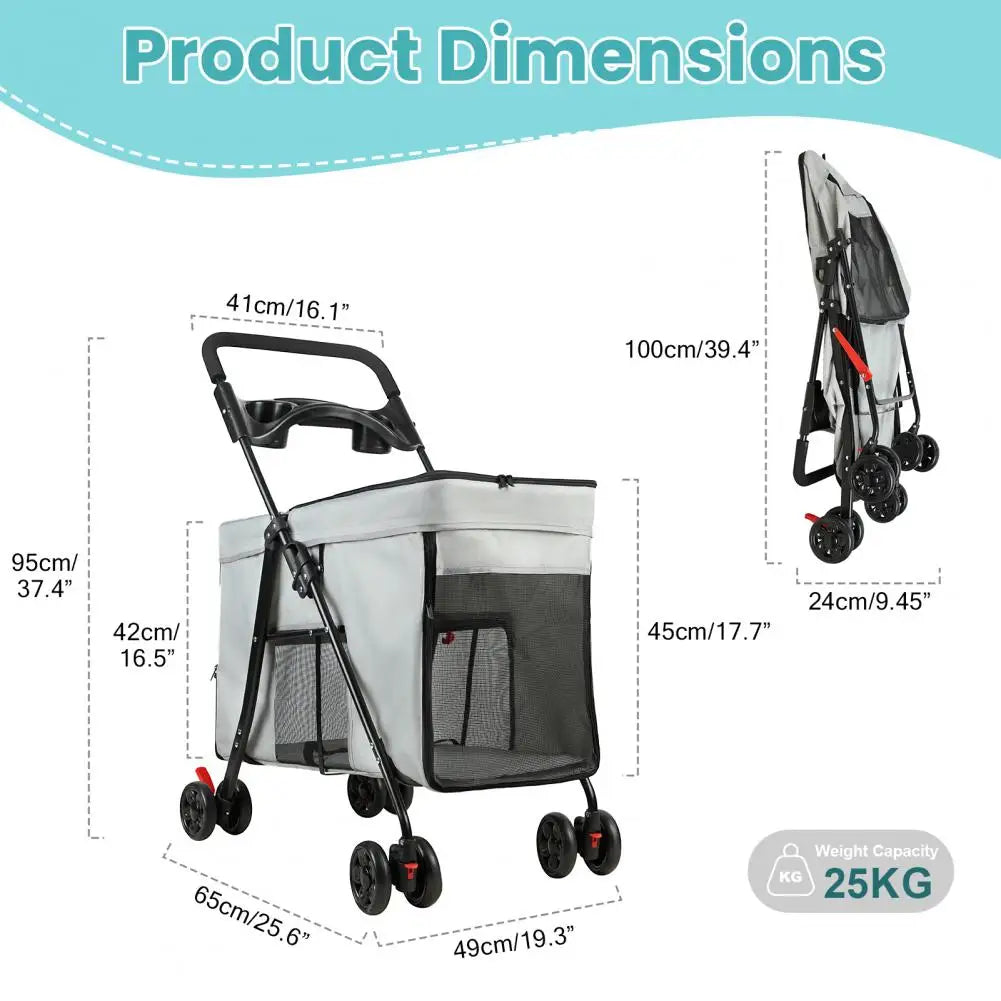 Foldable Dog Stroller With 360 Degree Wheels Five Ventilation Windows