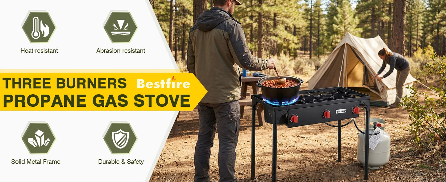 3 Burner Propane Camping Stove With Adjustable Regulator