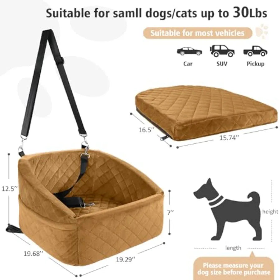 Dog Car Seat for Small Medium Dogs, Detachable Washable Dog Booster Seat Under 30lbs, Pet Car Seat Travel Bed with Storage Pock