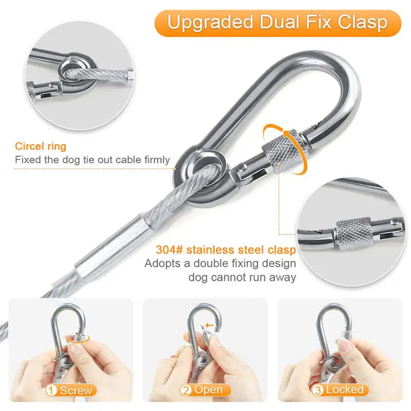 Double Headed Stainless Steel Dog Tie Out Cable Leash With Metal Buckle
