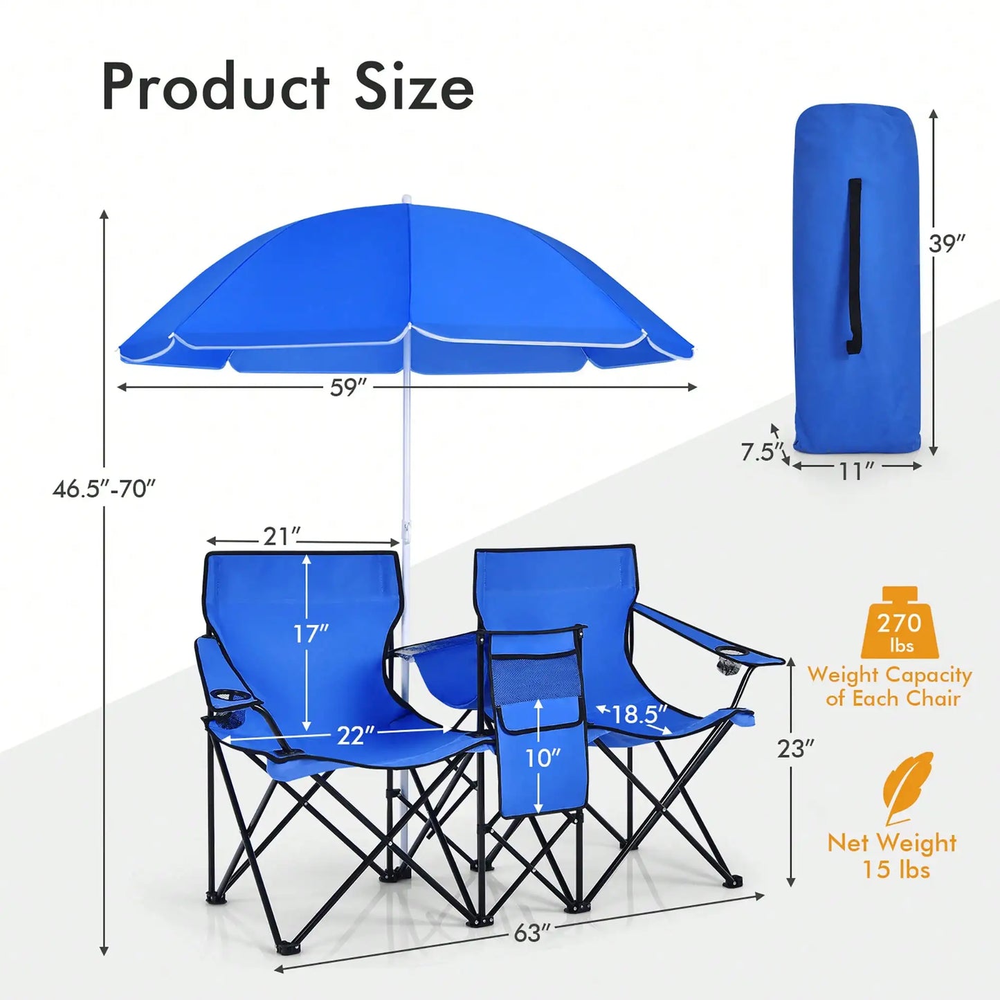 Folding Picnic Double Chair With Umbrella Table Cooler
