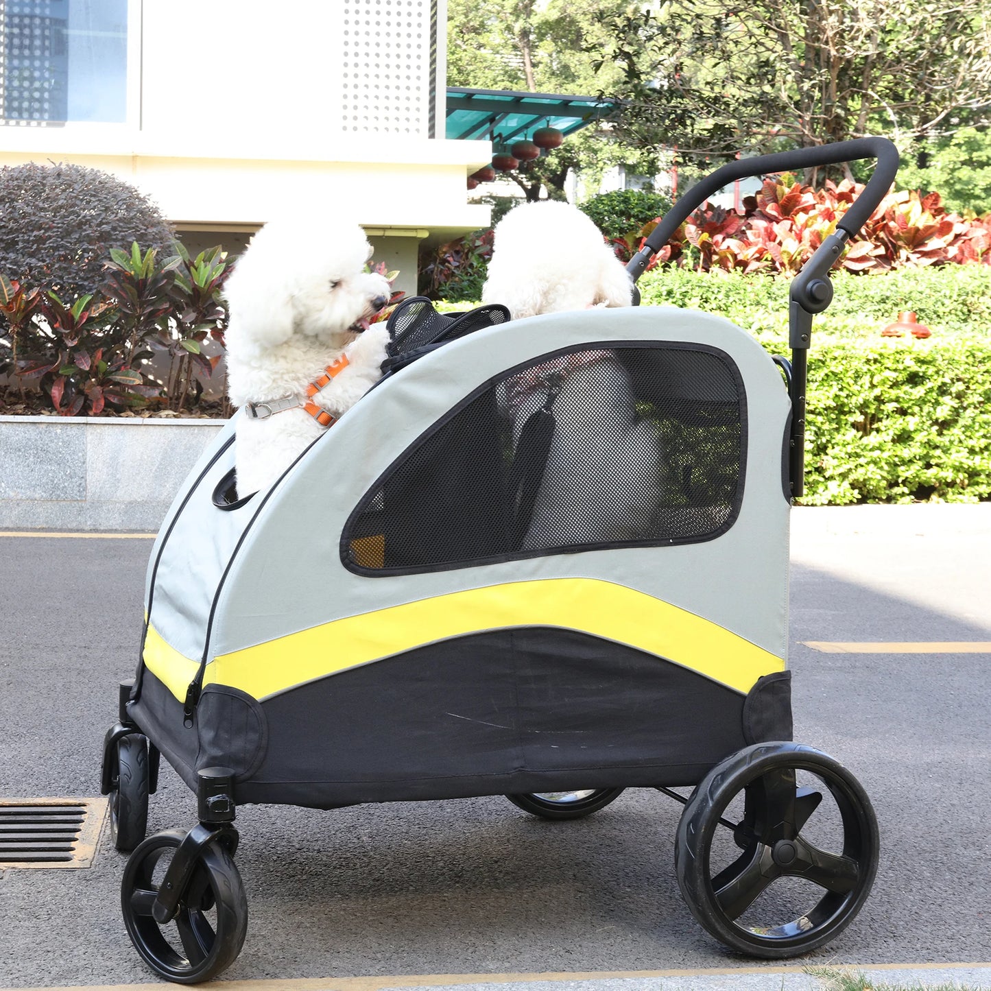 Dog Stroller For Two With Zipper Divider And Folding Wheels