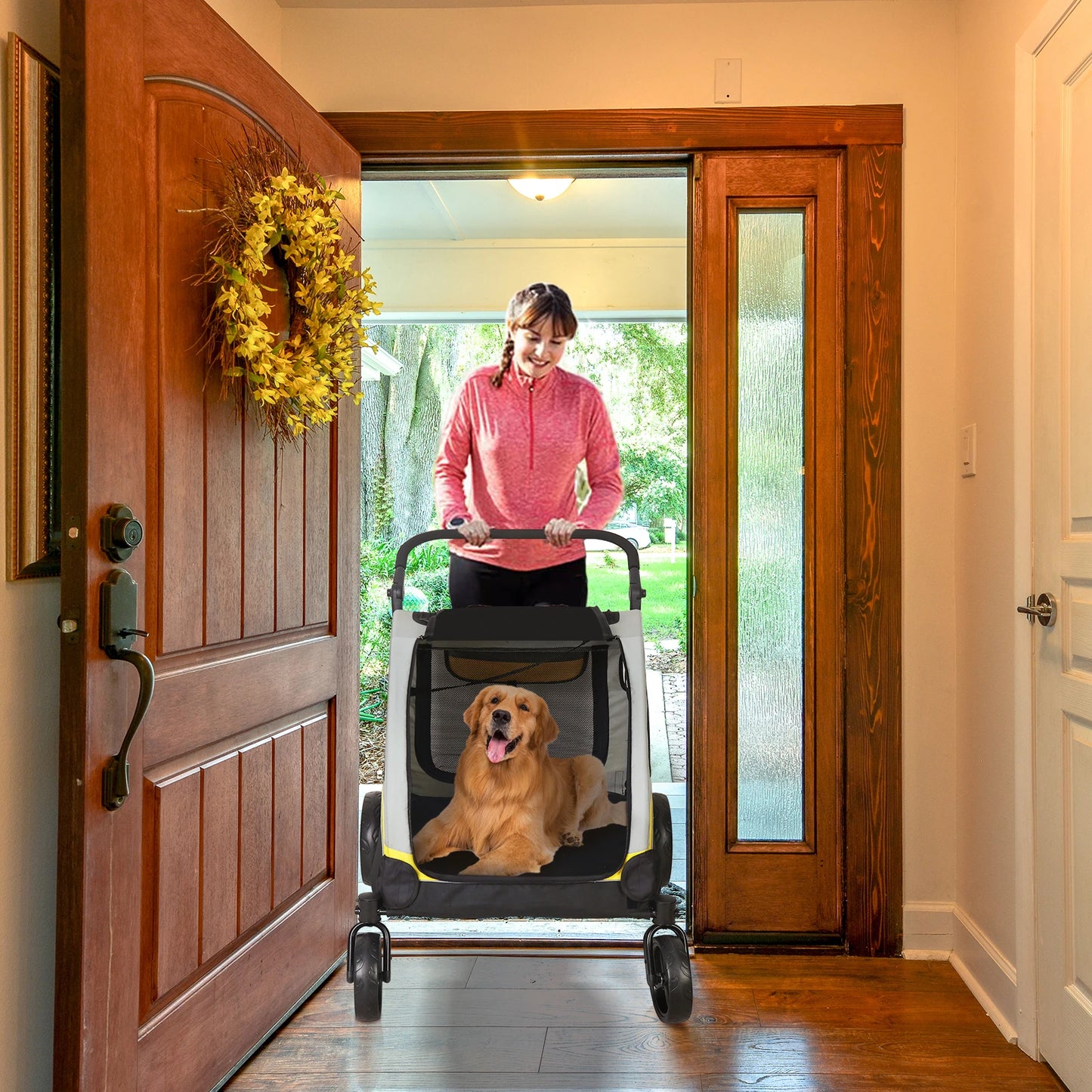 Dog Stroller For Two With Zipper Divider And Folding Wheels