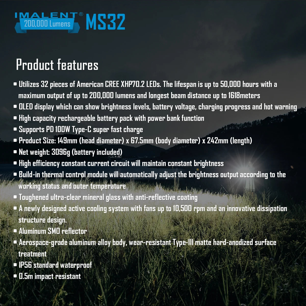 Imalent MS32 200000 Lumen Rechargeable Professional Searchlight LED Flashlight