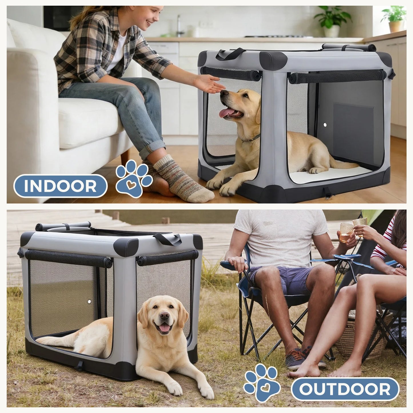 JHK Foldable Oxford Dog Crate With Three Doors Portable Kennel