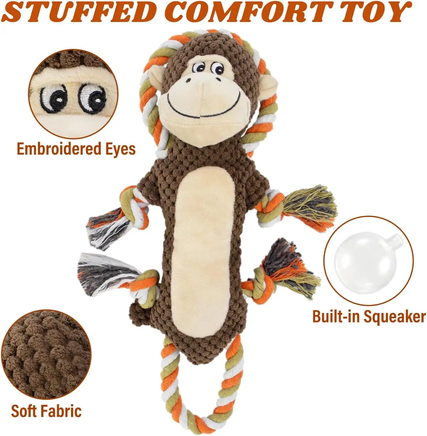 Squeaky Monkey Dog Toy Interactive Plush Chew With Crinkle Paper