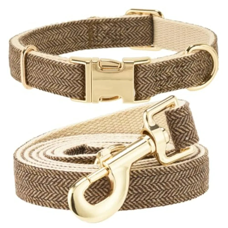 Soft Cotton Tweed Dog Collar And Leash Set Gold Buckle