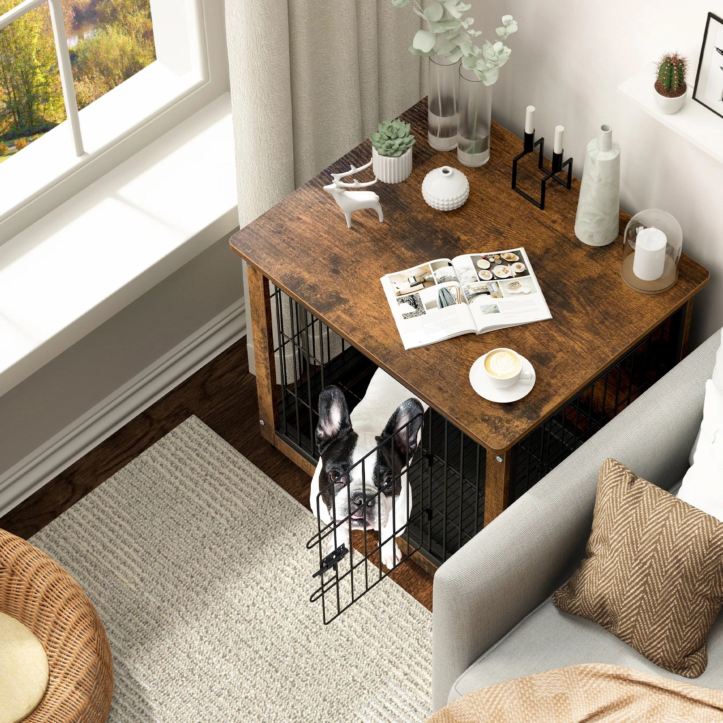 BINGOPAW Wooden Metal Dog Crate End Table With Two Doors