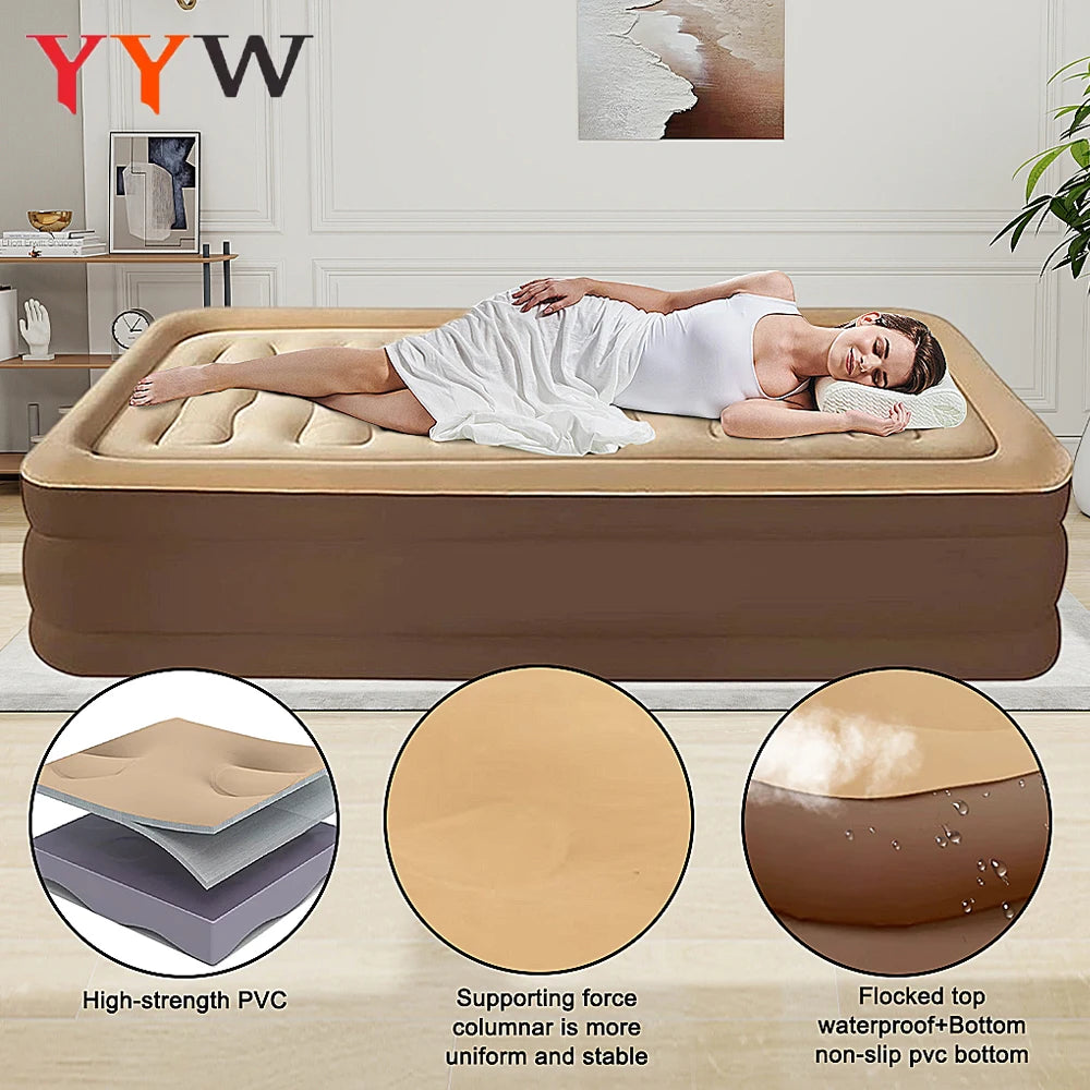Inflatable Camping Mattress For Two With Durable Flocking Fabric