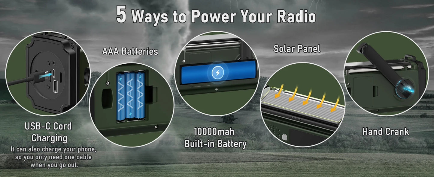 PRUNUS 924 Hand Crank Radio 10000mAh Solar NOAA AM FM SW Power Bank