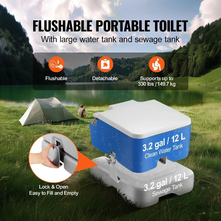 Portable Camping Toilet With Carry Bag And 3.2 Gal Tank