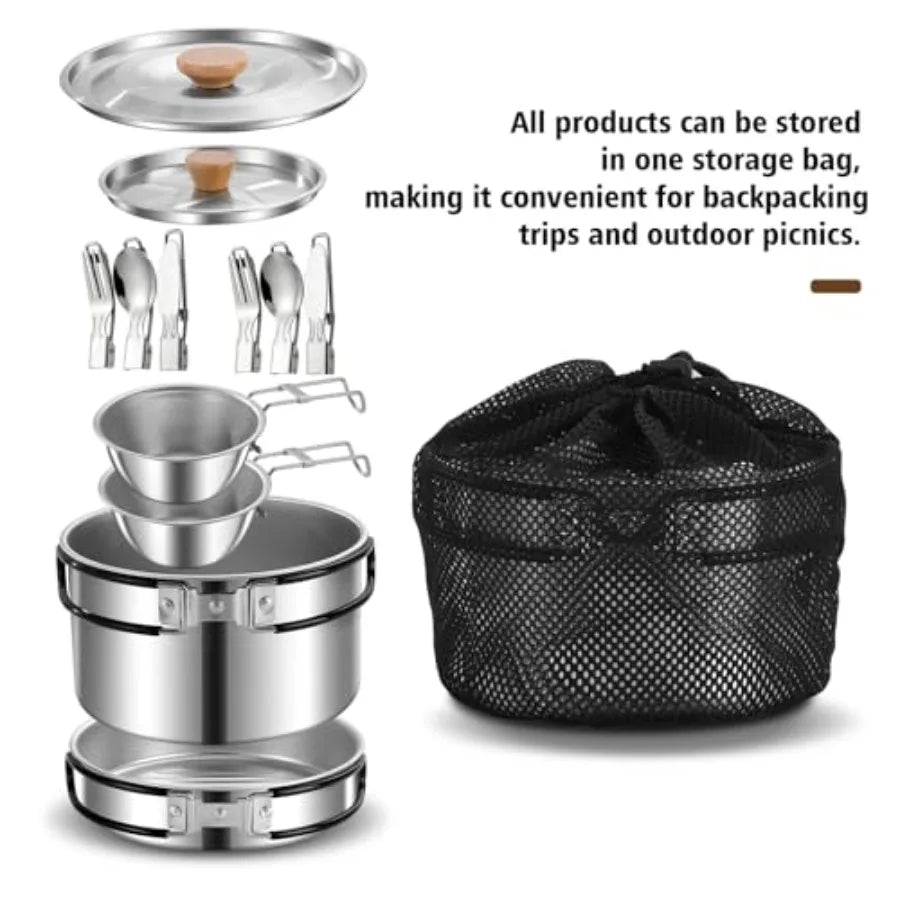 11 Piece Camping Cookware Set Stainless Steel Nonstick Pots Pans Bowls