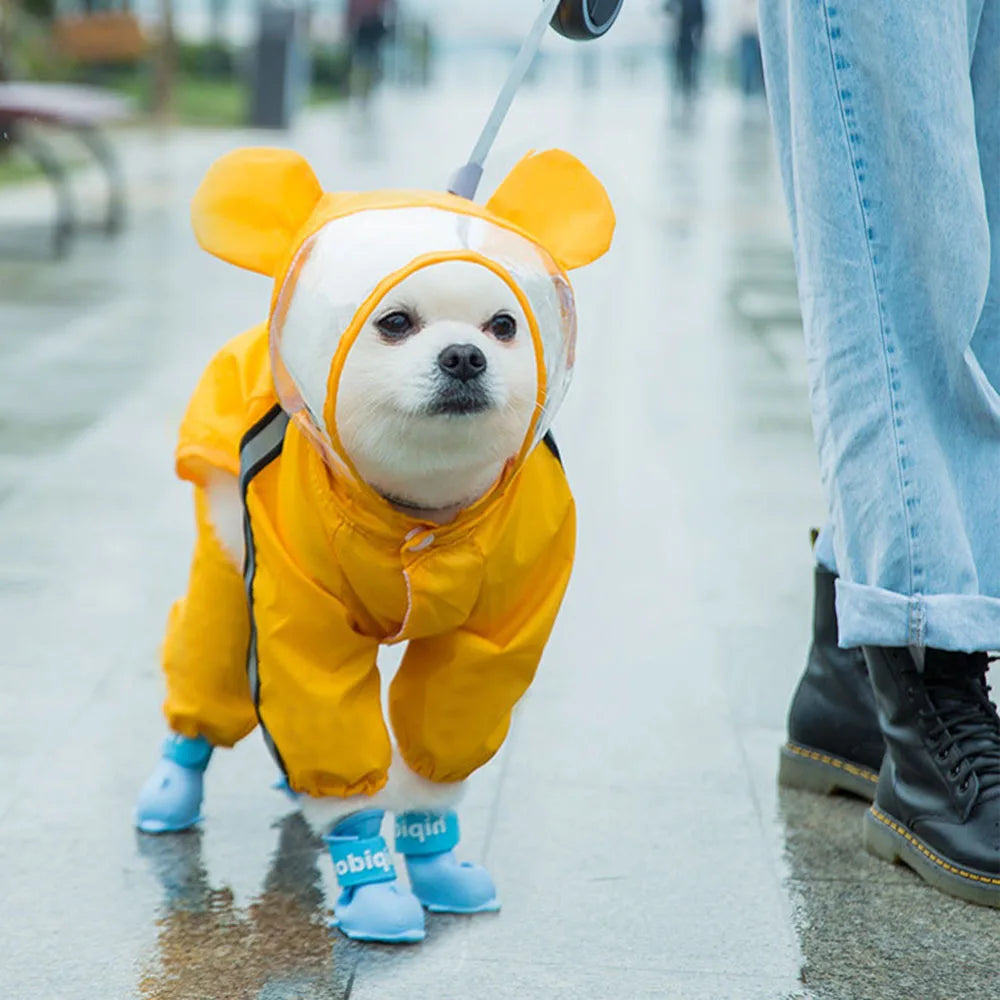 Cute Bear Shape Dog Raincoat With Hat And Reflective Strips