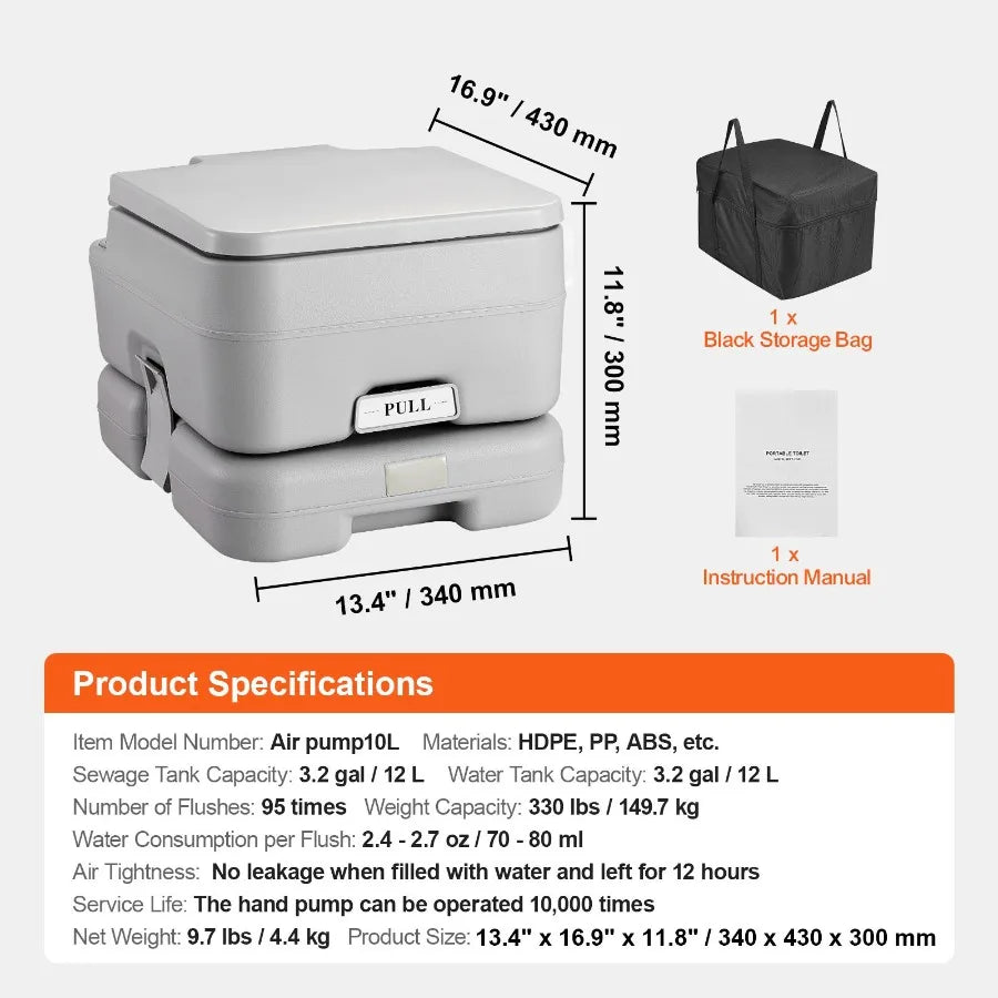 Portable Camping Toilet With Carry Bag And 3.2 Gal Tank