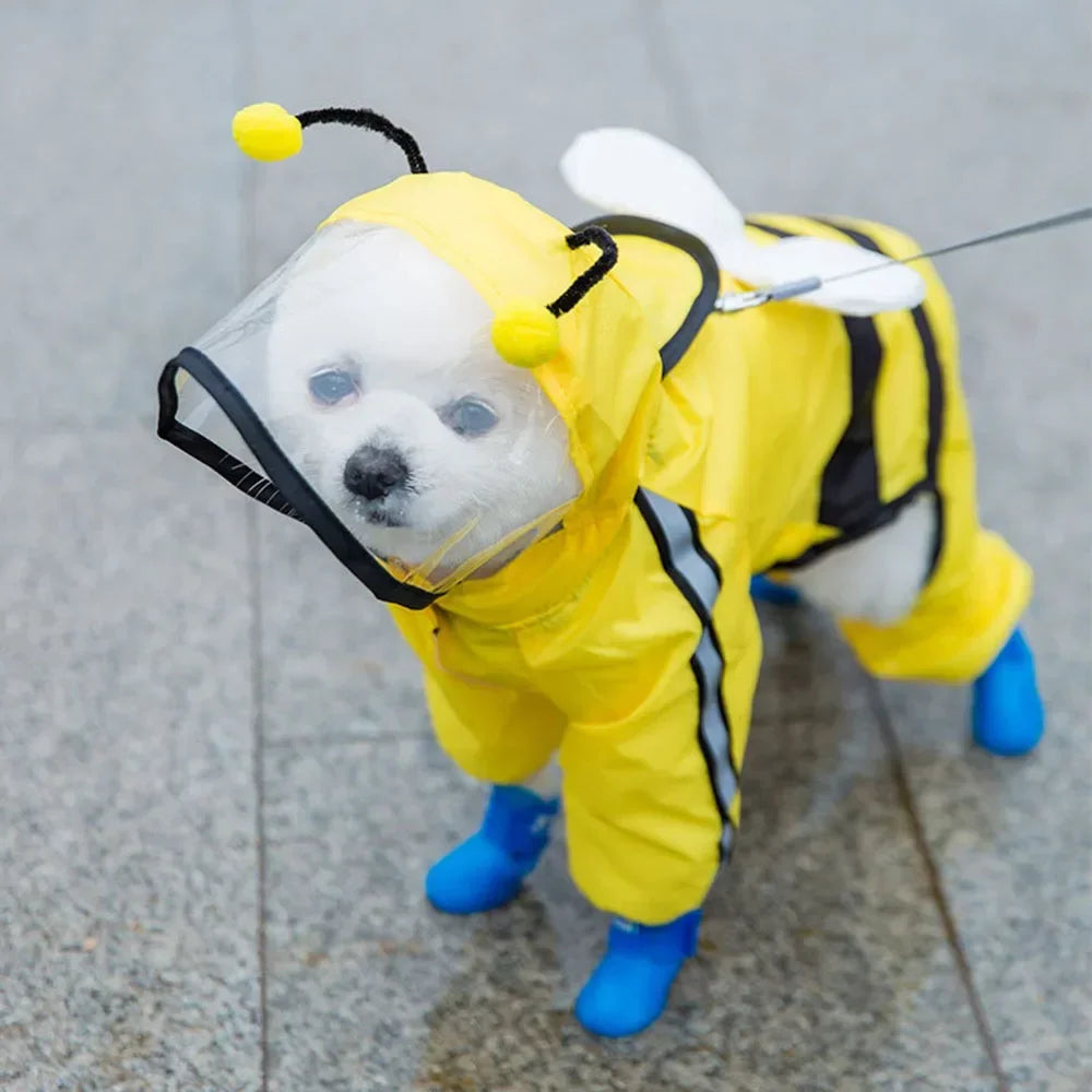 Cute Bear Shape Dog Raincoat With Hat And Reflective Strips