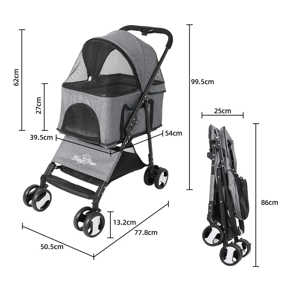 Foldable Pet Dog Stroller Carrier With 4 Wheels Rain Cover